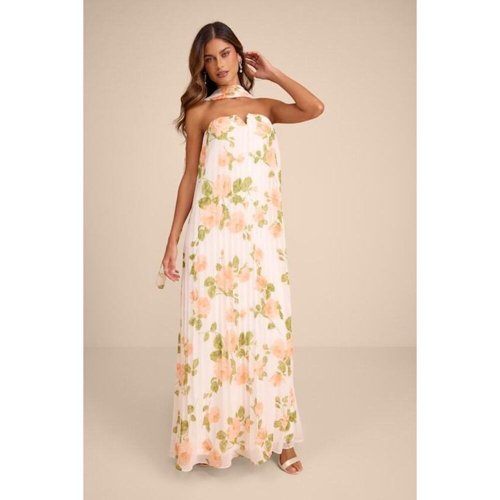 Lulus Lael White Floral Pleated Strapless Dress And Scarf Set - Size small